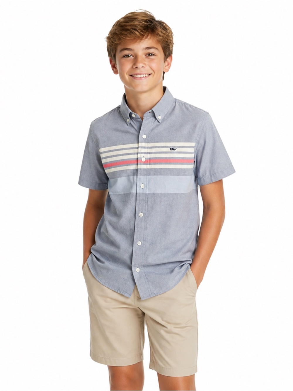 Vineyard Vines Boys XL 18 Button Down Shirt Blue Gray Striped Whale Preppy